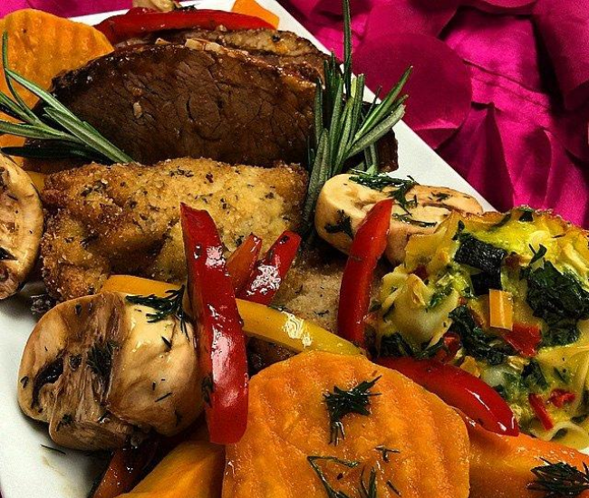 Roasted vegetables and meat